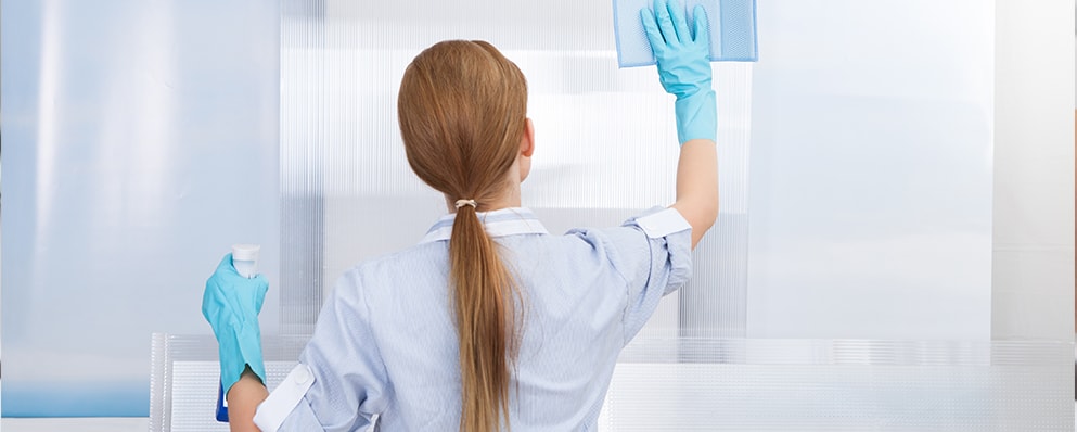 beautiful young woman wiping office partition glass