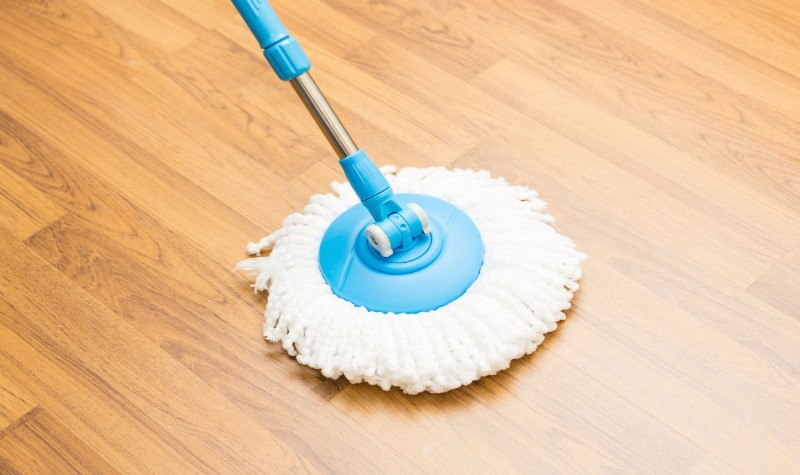blue and white mop on the floor