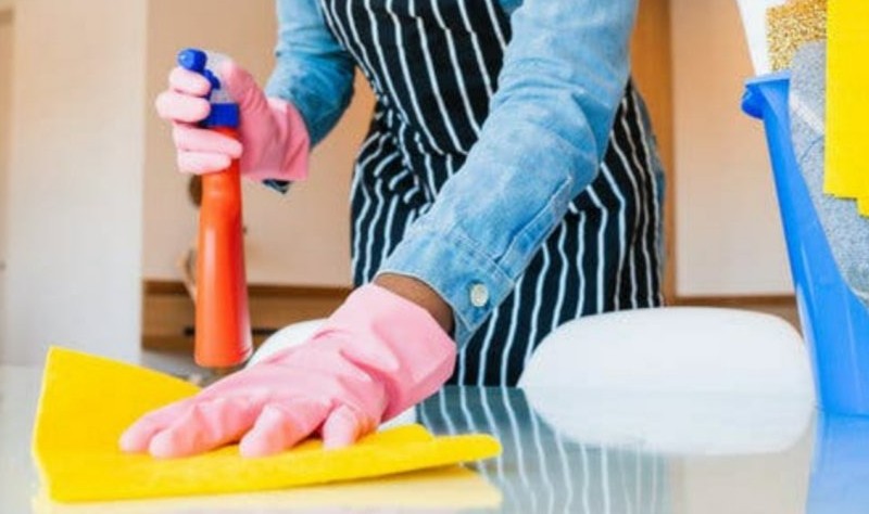 a woman is with pink gloves and spray bottle
