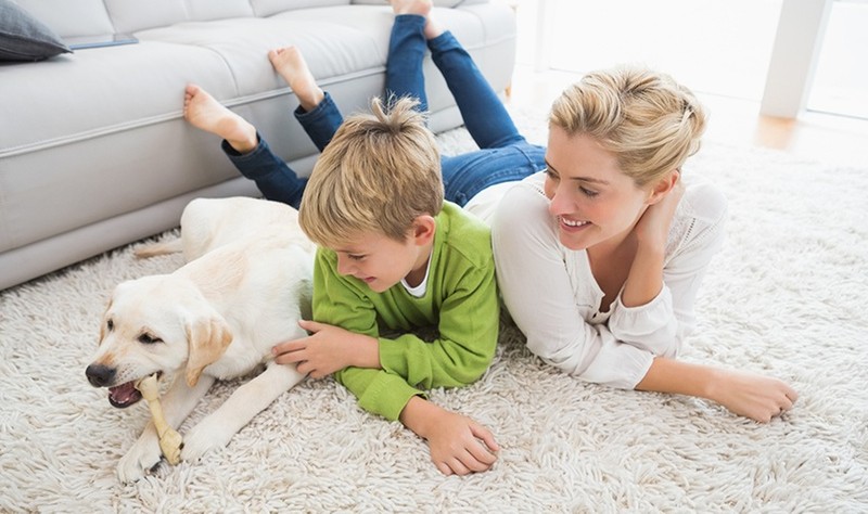 young woman with her kid and a dog laying on a carpet