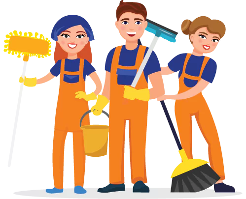 Three bond cleaners holding a broom and a mop- End of Lease cleaning FAQs