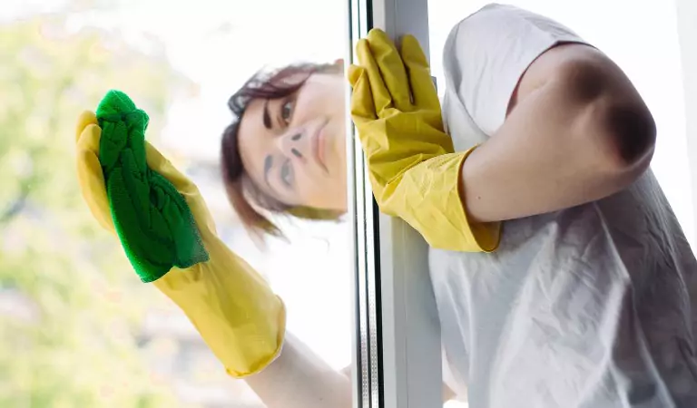 young woman cleaning a window glass from the outside