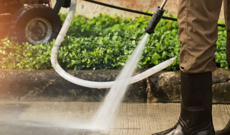 cropped picture of a person cleaning driveway with pressure wash