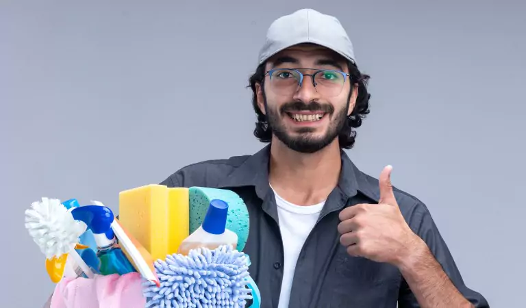 young man wearing a cap ready for cleaning a house