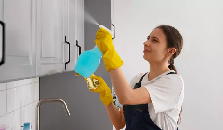woman disinfecting a house surface