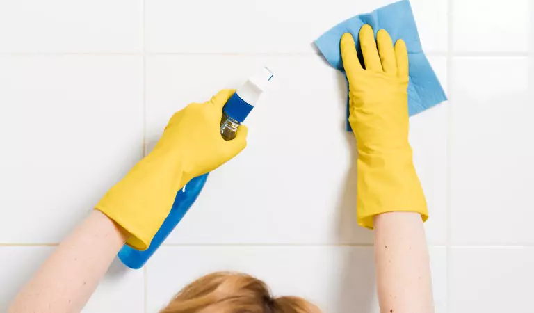 cropped picture of a person cleaning the tile grout
