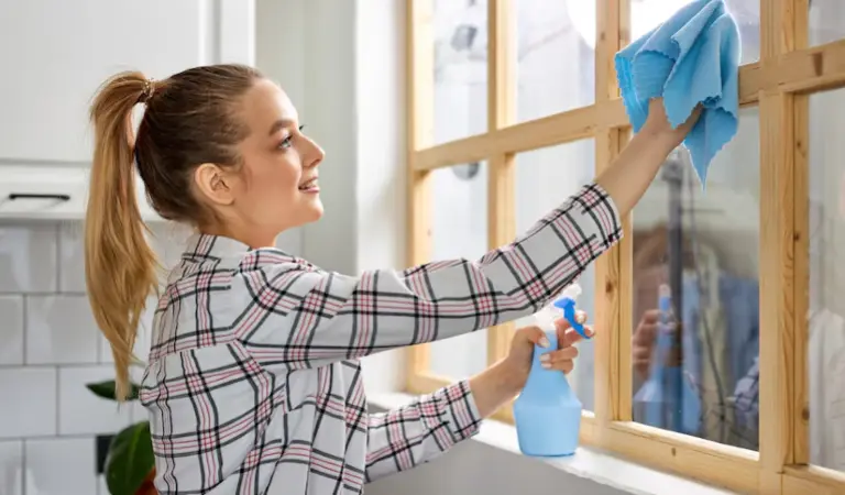 Woman in check shirt holding a spray bottle cleaning window frame with a blue cloth.