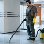 young man cleaning the floor with a vacuum cleaner