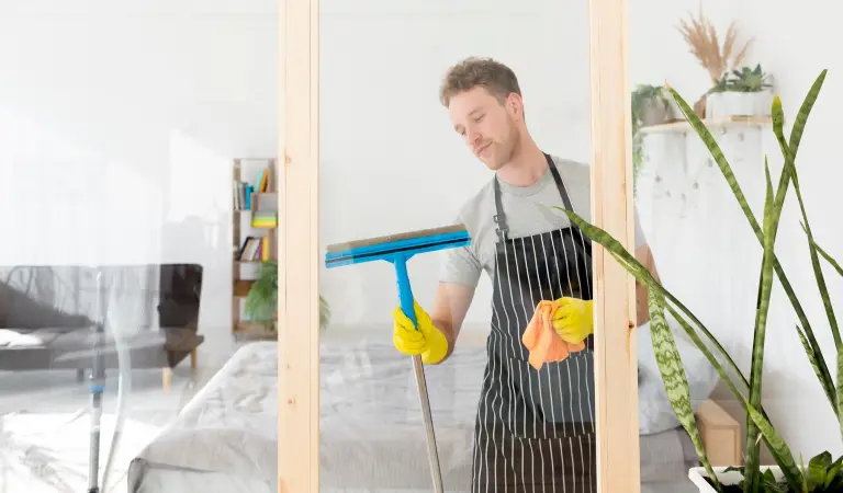 A professional cleaner wiping window with a wiper.