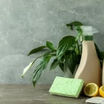 Cleaning concept with eco friendly cleaning tools on gray textured table
