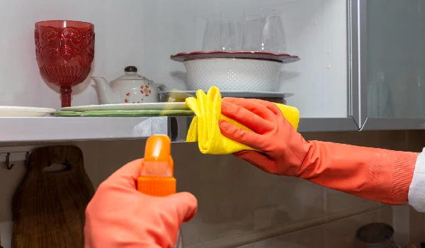 Midsection of man cleaning kitchen shelf