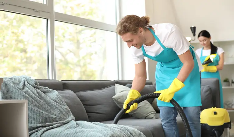 Team of janitors cleaning flat