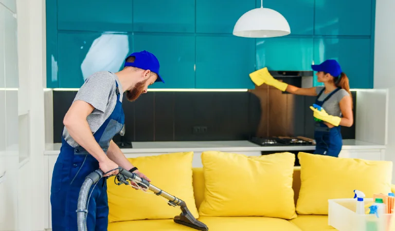 Young man with vacuum cleaner washing with vapor yellow sofa and woman wipes cuisine furniture.