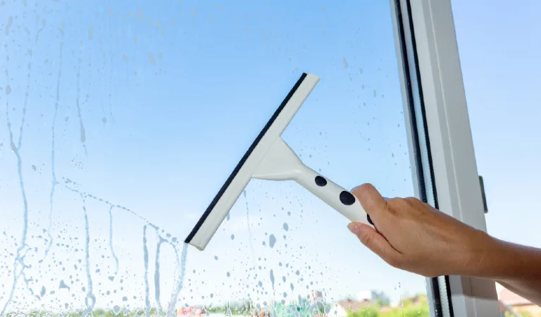 Cleaning window with special brush on the the blue sky