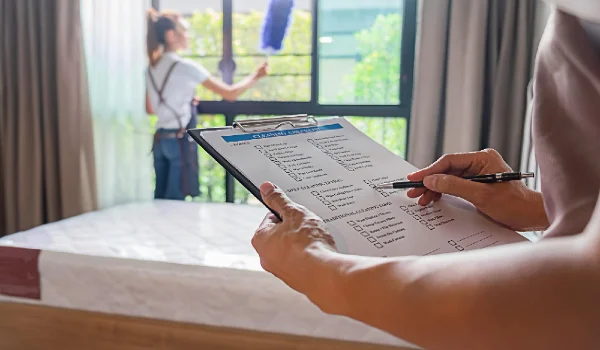 Midsection of man holding checklist while woman cleaning window in hospital