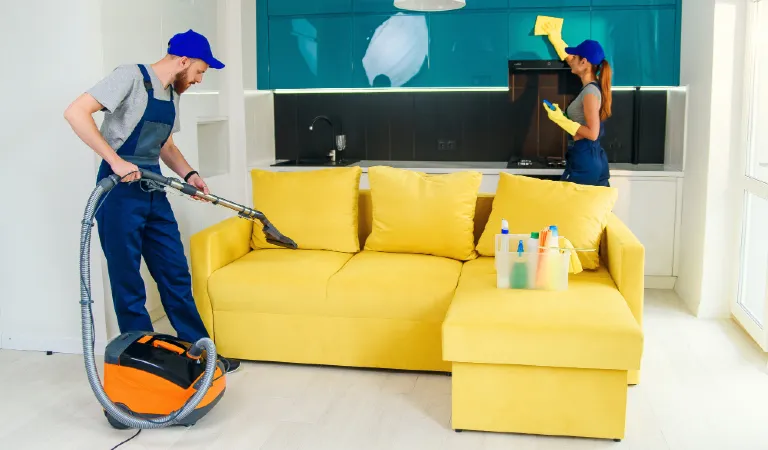 Young man with vacuum cleaner washing with vapor yellow sofa and beautiful woman wipes cuisine furniture.