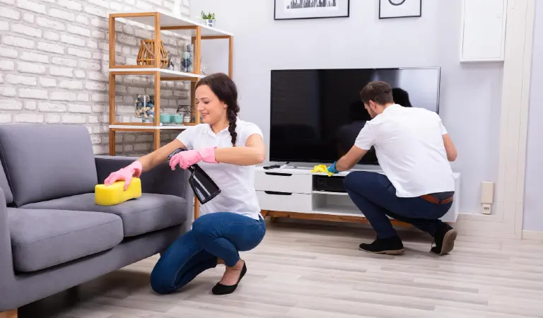 A woman and man cleaning sofa and television in living room