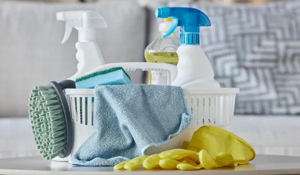 Cleaning products brush and basket on table in home living room for housekeeping and cleaning supplies gloves