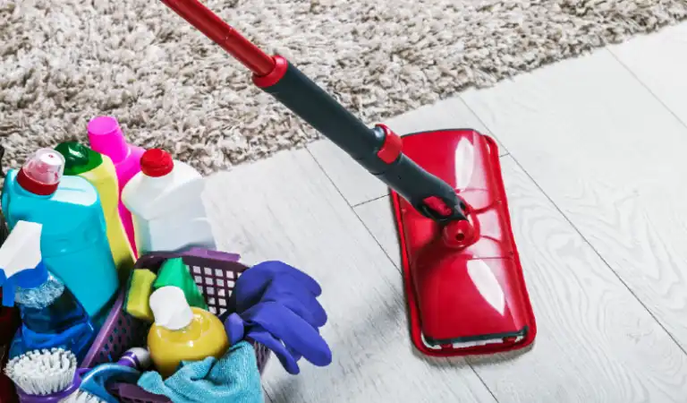 Different products and items for cleaning on the floor and carpet